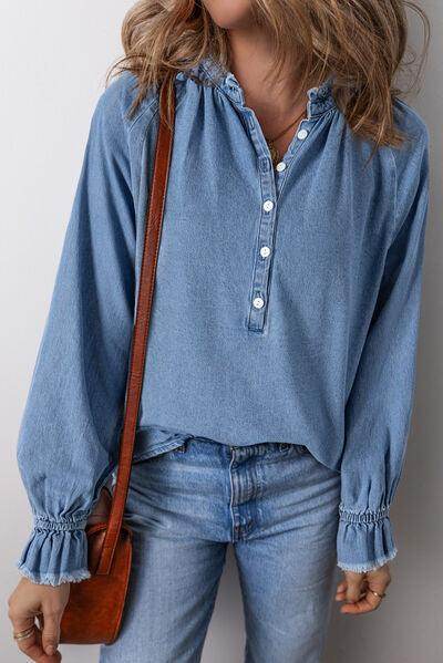 Half Button Long Sleeve Denim Top for Casual Style - Selvanelle