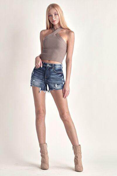 RISEN Mid Rise Raw Hem Denim Shorts for Women Summer Wear - Selvanelle