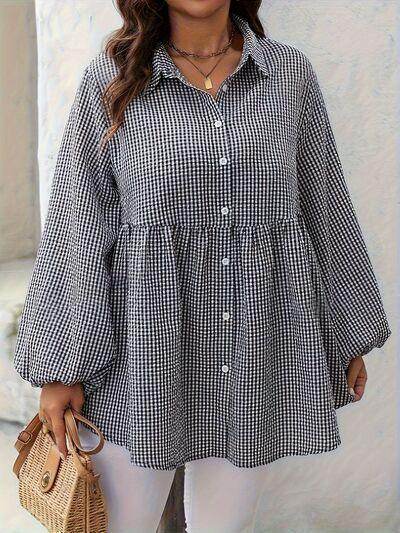 Plus Size Plaid Collared Neck Long Sleeve Shirt for Women - Selvanelle