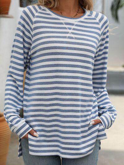 Mandy Striped Round Neck Long Sleeve T-Shirt for Women - Selvanelle