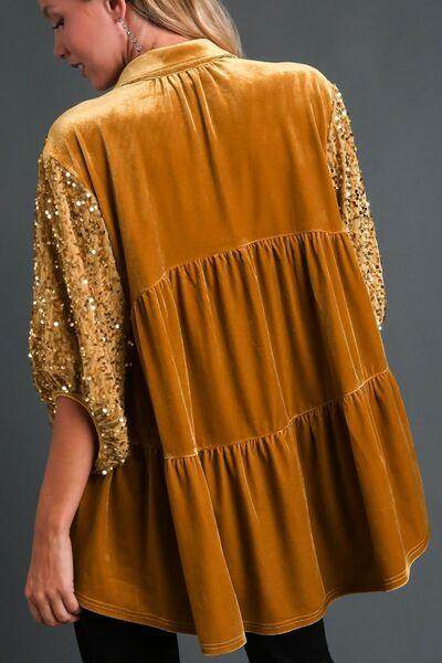 Umgee Sequin Detail Tiered Back Half Sleeve Shirt Style - Selvanelle