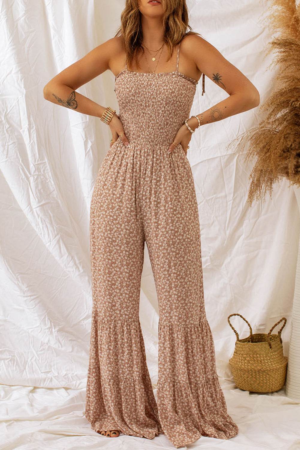 Floral Spaghetti Strap Smocked Wide Leg Jumpsuit - Selvanelle