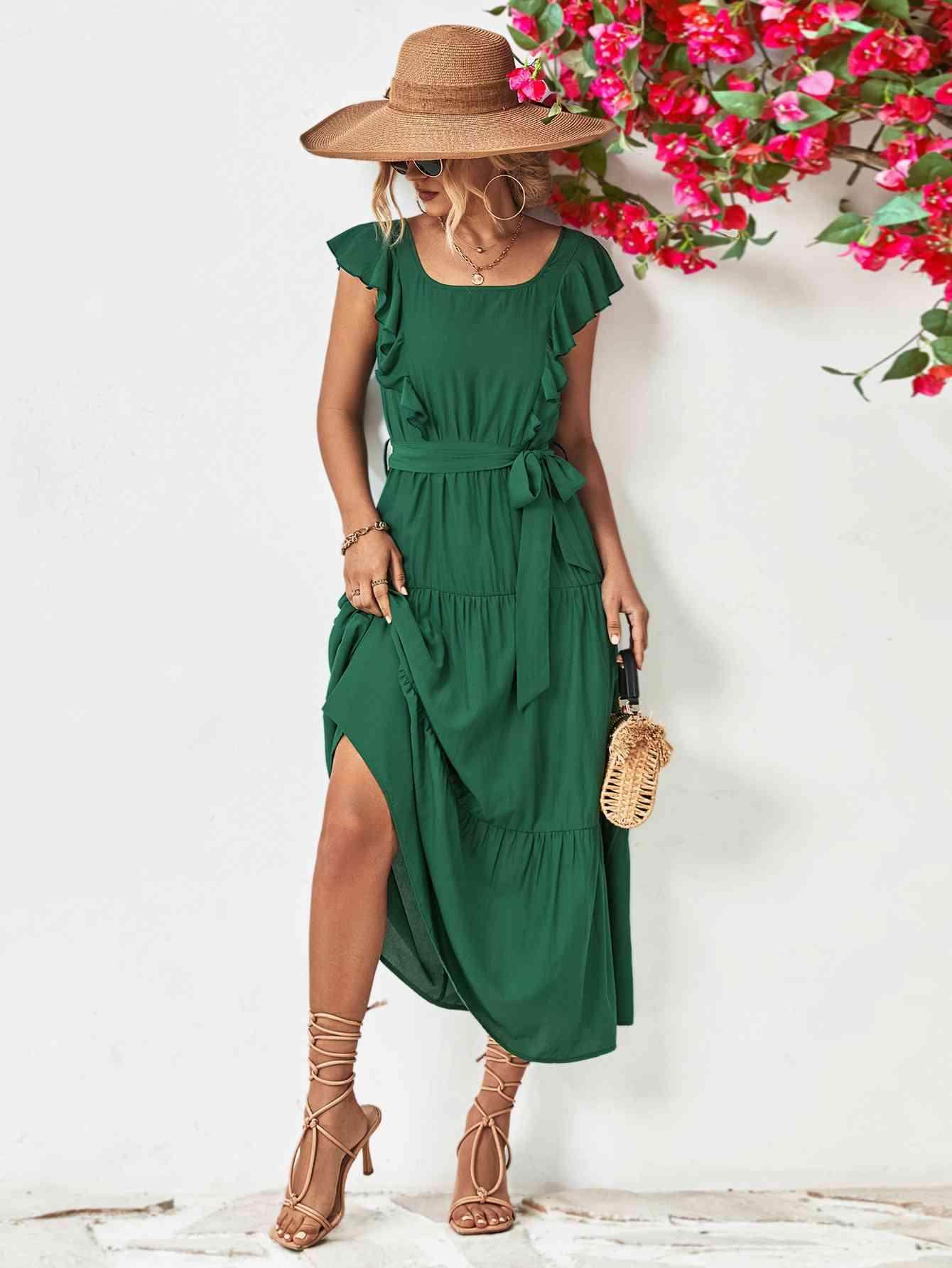 Tie Belt Ruffled Tiered Dress for Chic Midi Style - Selvanelle