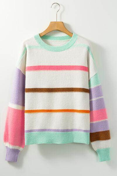 Contrast Striped Round Neck Drop Shoulder Sweater for Women - Selvanelle