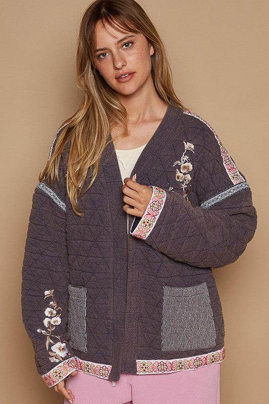 POL Embroidered Open Front Long Sleeve Jacket for Women - Selvanelle