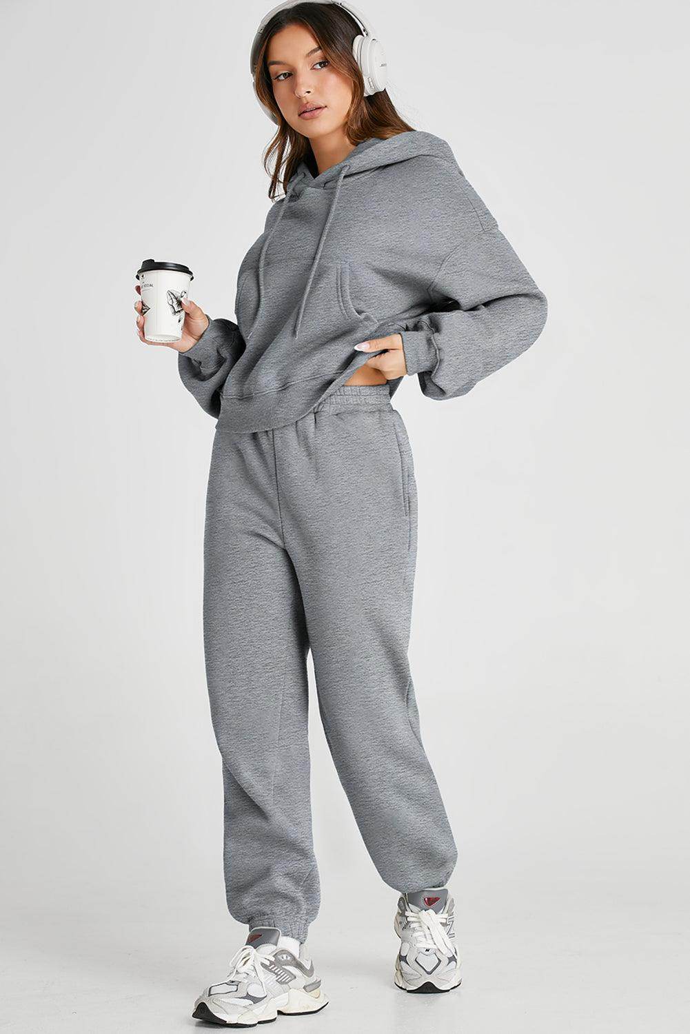Dropped Shoulder Hooded Top and Pants Active Set for Women - Selvanelle