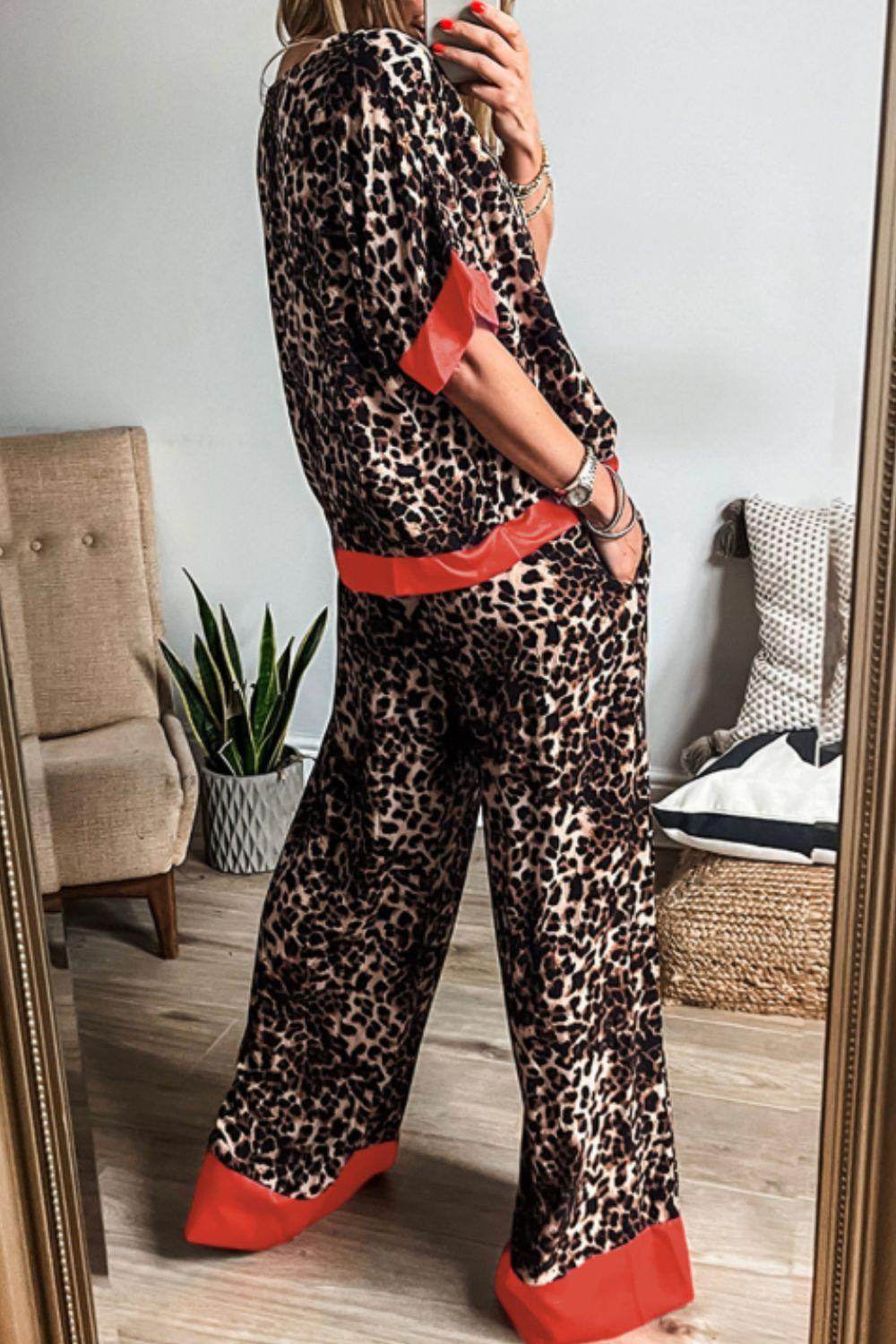 Contrast Trim Leopard Round Neck Top and Pants Lounge Set - Selvanelle