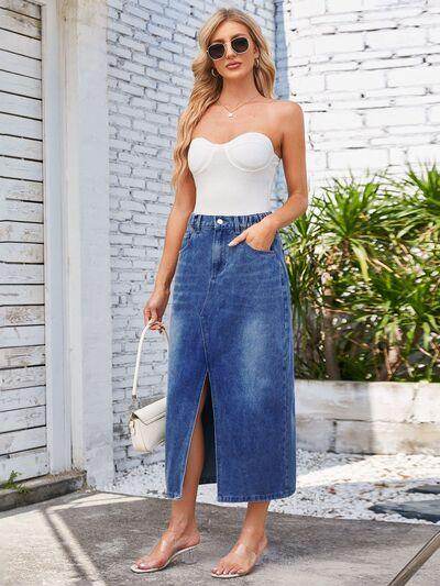 Slit Midi Denim Skirt with Pockets for Stylish Women - Selvanelle