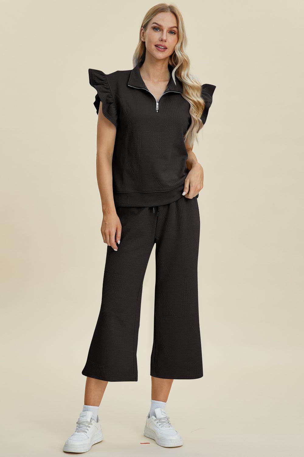 Double Take Full Size Texture Ruffle Top and Pants Set - Selvanelle