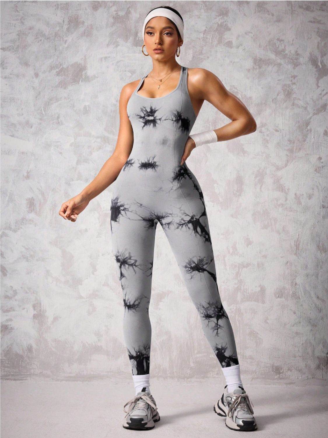 Back Crisscross Tie-Dye Scoop Neck Active Jumpsuit - Selvanelle