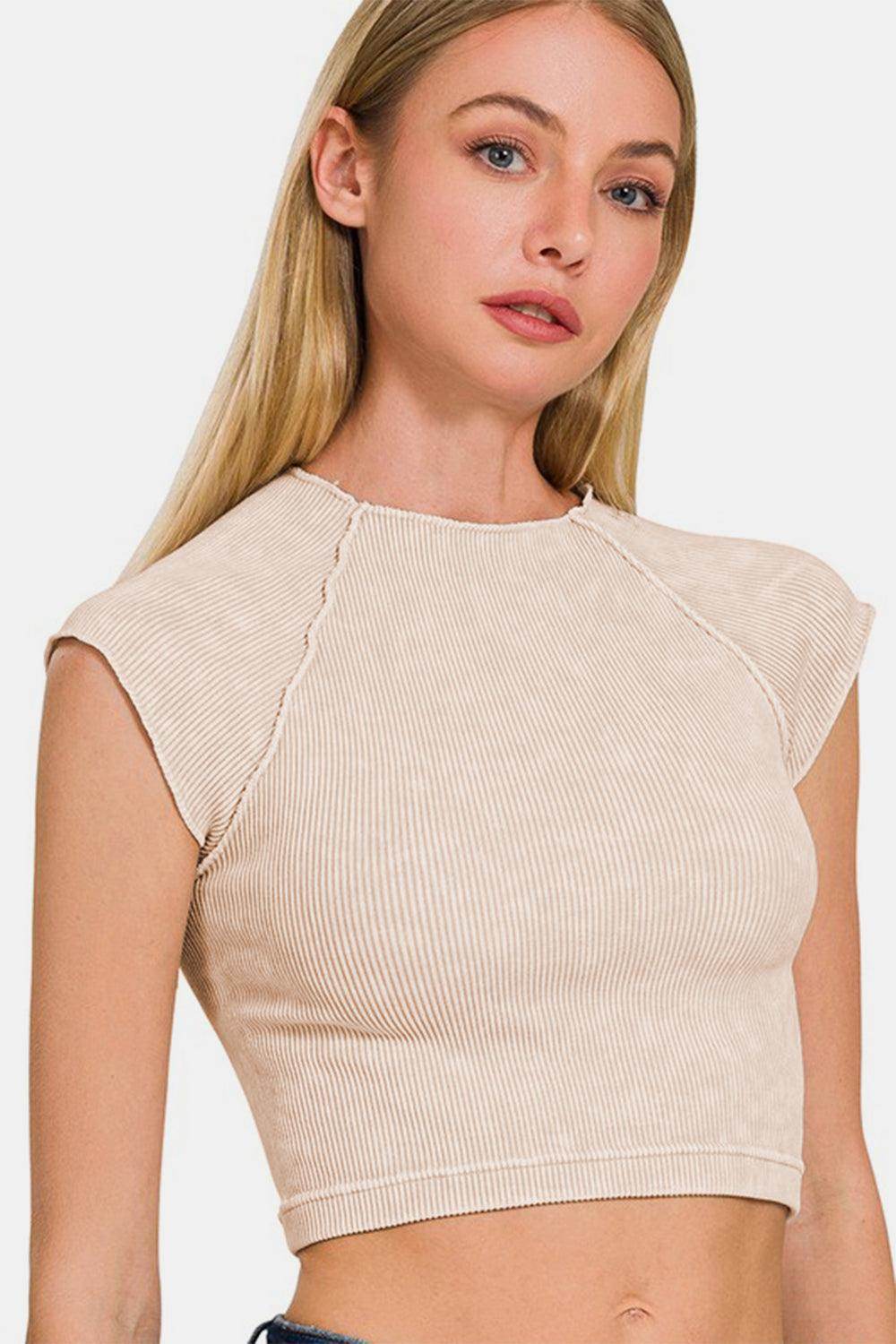 Zenana Ribbed Round Neck Cropped Top for Women Fashion - Selvanelle
