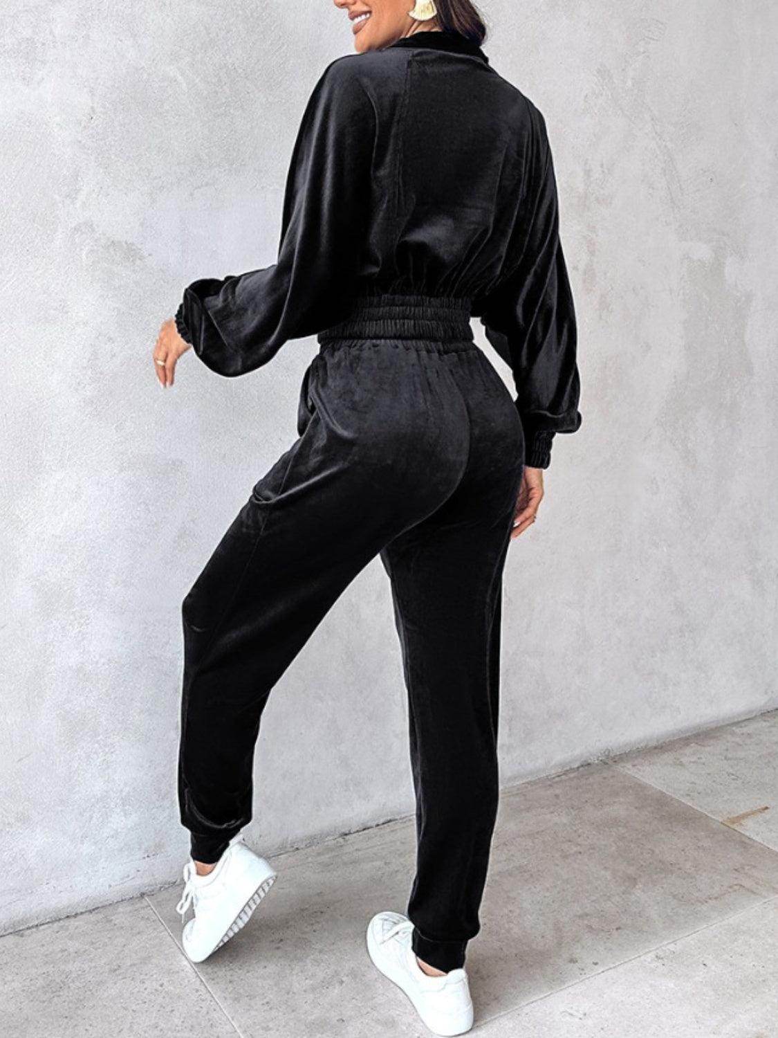 Zip Up Long Sleeve Cropped Top and Joggers Set for Women - Selvanelle