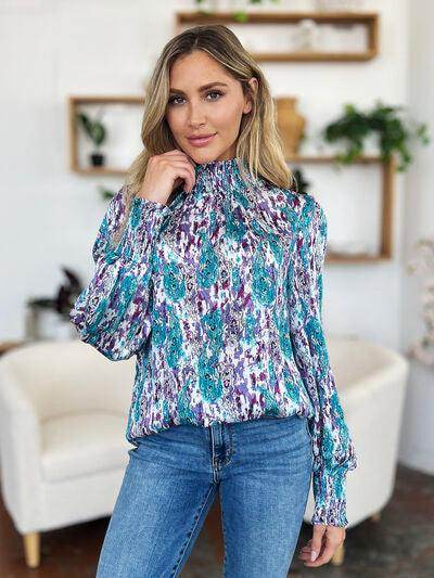 Double Take Full Size Printed Smocked Long Sleeve Blouse - Selvanelle