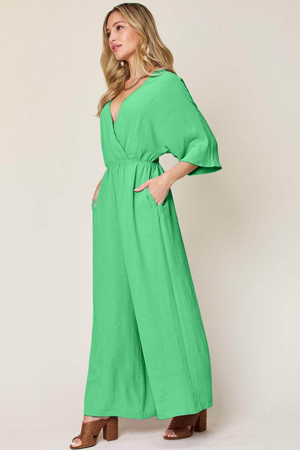 Double Take Full Size Surplice Wide Leg Jumpsuit with Pockets - Selvanelle