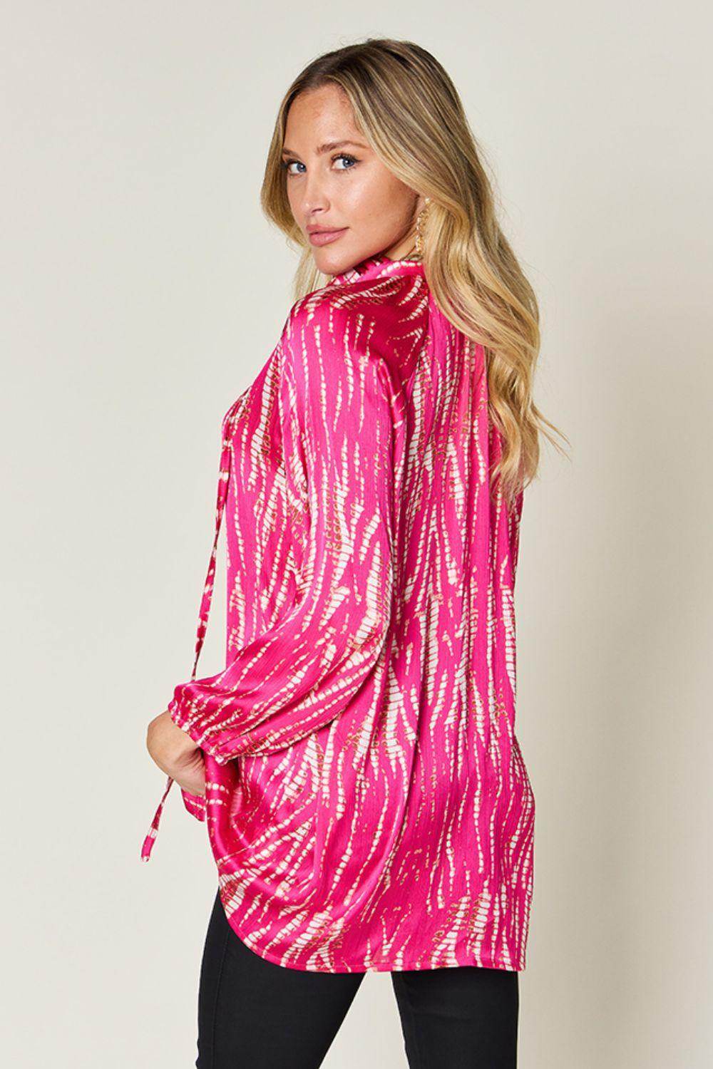 Double Take Full Size Printed Button Up Long Sleeve Shirt - Selvanelle