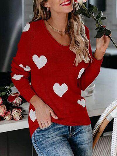 Heart Scoop Neck Long Sleeve Sweater for Women Cozy Style - Selvanelle