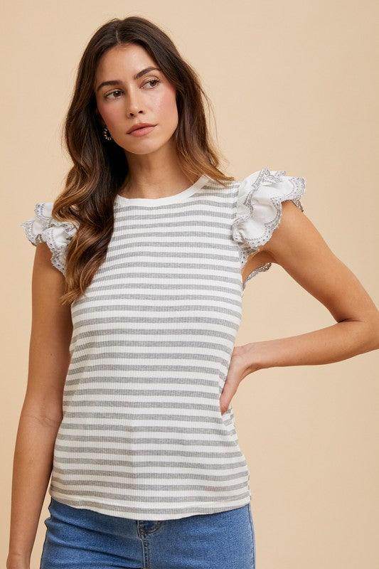 Annie Wear Ruffled Striped Round Neck Cap Sleeve Knit Top - Selvanelle