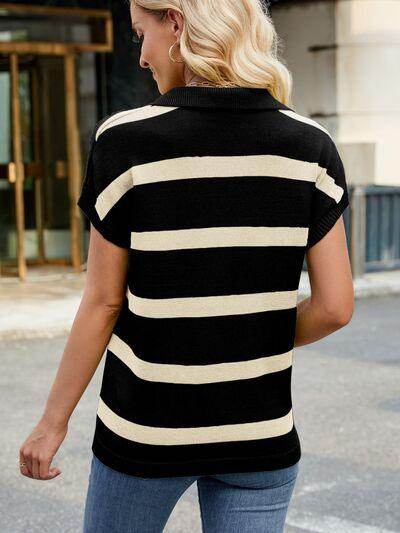 Striped Johnny Collar Cap Sleeve Sweater for Women - Selvanelle