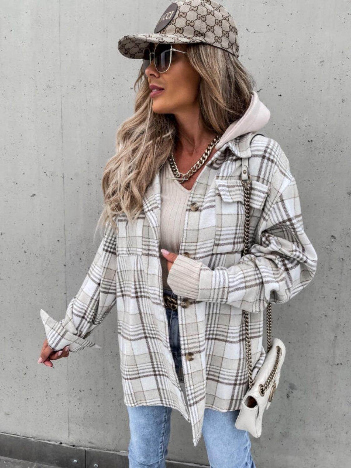 Plaid Dropped Shoulder Hooded Jacket for Casual Style - Selvanelle
