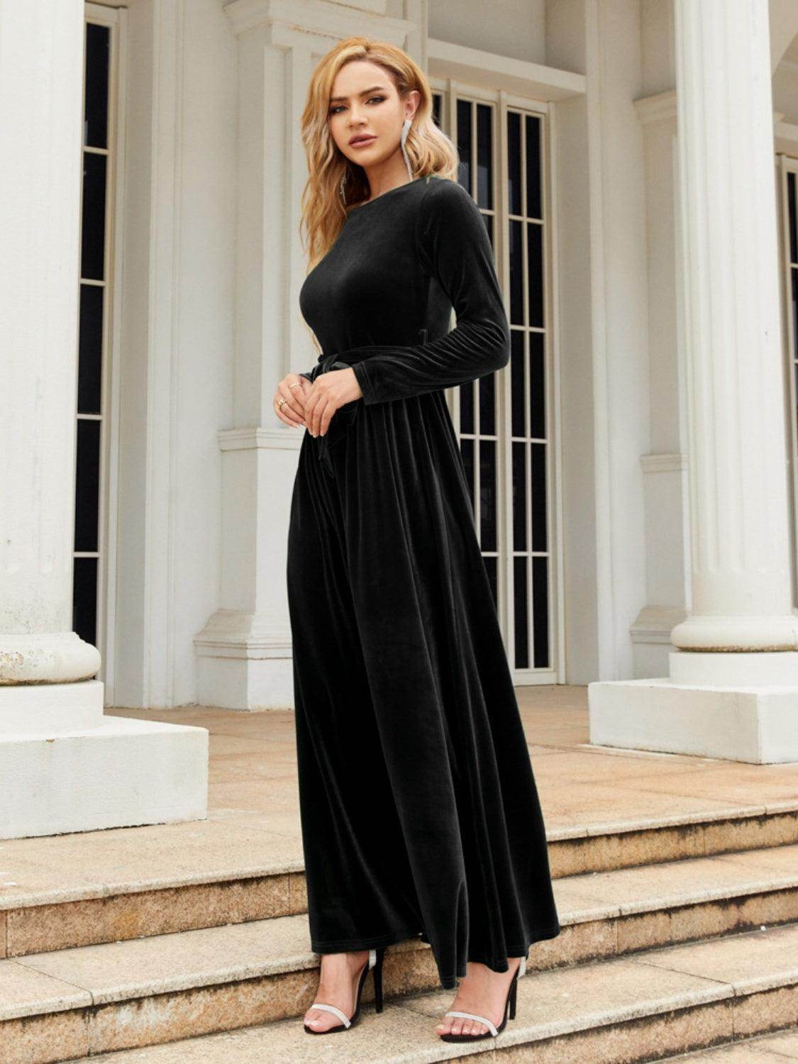 Tie Front Round Neck Long Sleeve Maxi Dress for Women - Selvanelle
