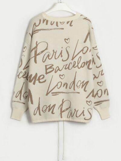 Drawstring Hem Letter Pattern Round Neck Dropped Shoulder Sweater - Selvanelle