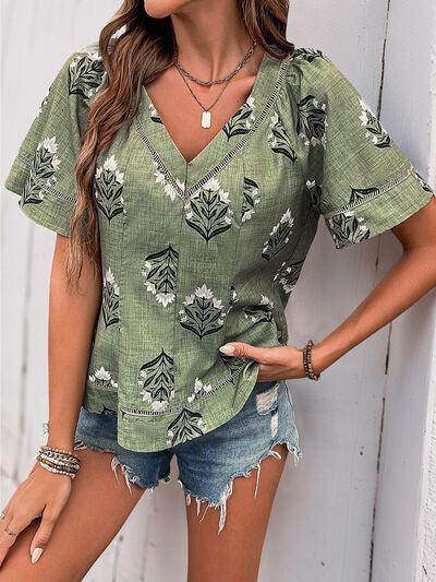 Perfee Printed V-Neck Short Sleeve Blouse for Women - Selvanelle