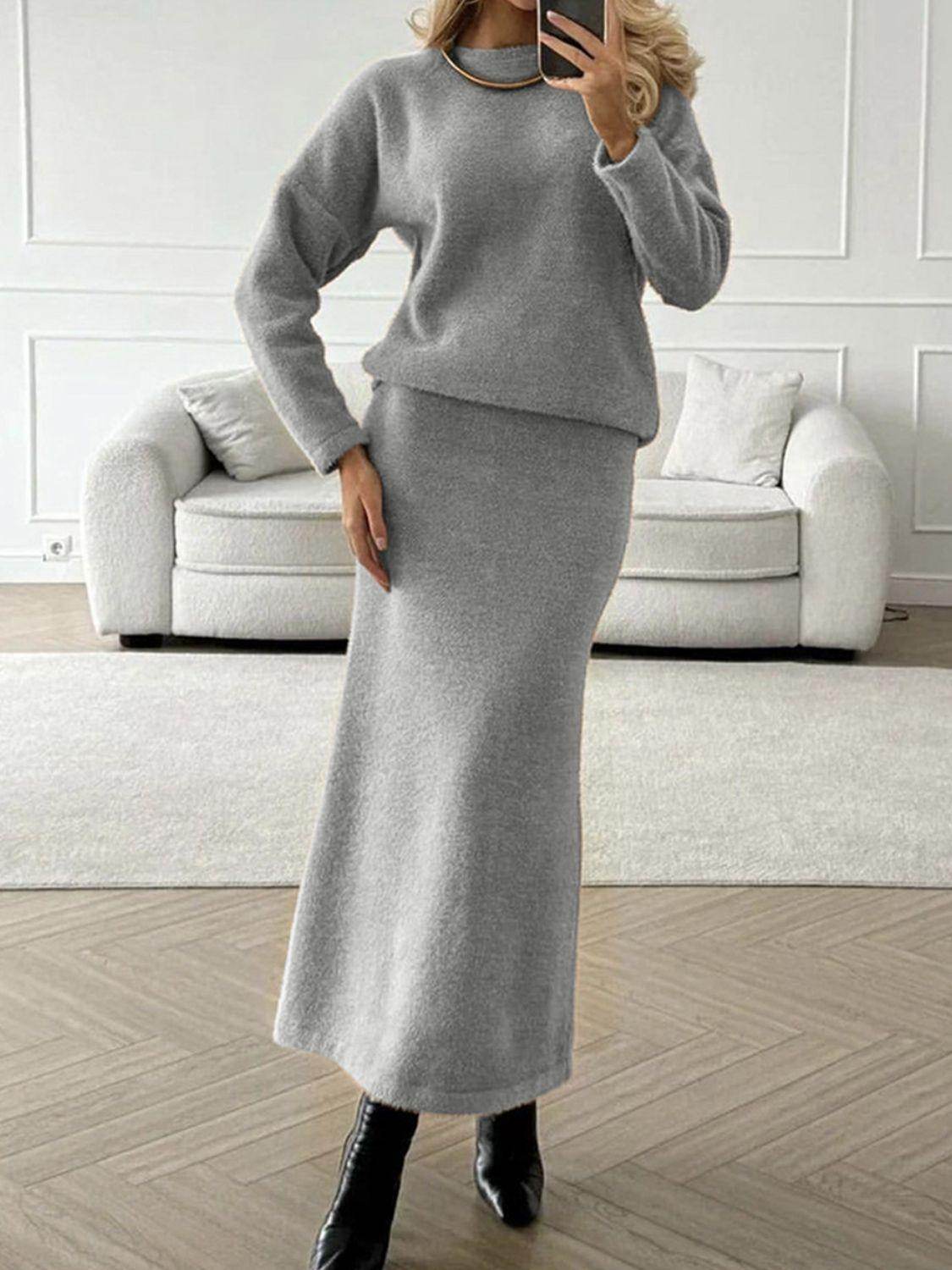 Round Neck Dropped Shoulder Top and Midi Skirt Sweater Set - Selvanelle