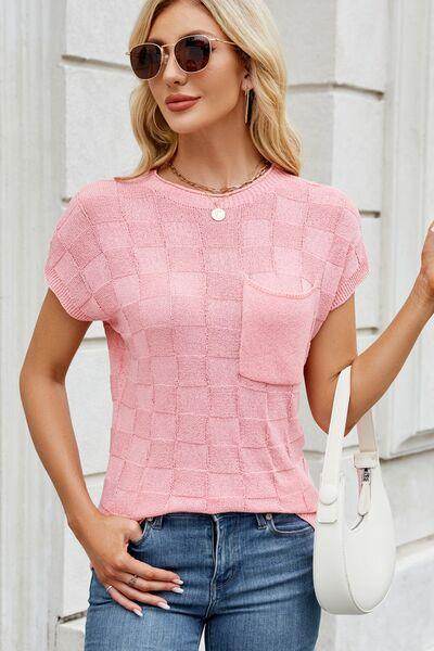 Checkered Round Neck Short Sleeve Knit Top for Women - Selvanelle