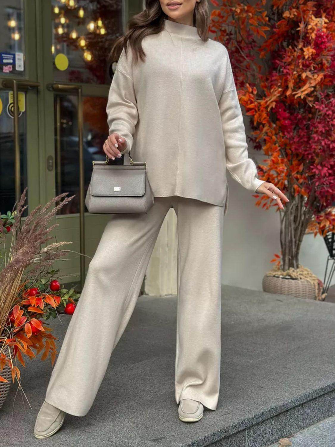 Slit Mock Neck Top and Pants Sweater Set for Women - Selvanelle