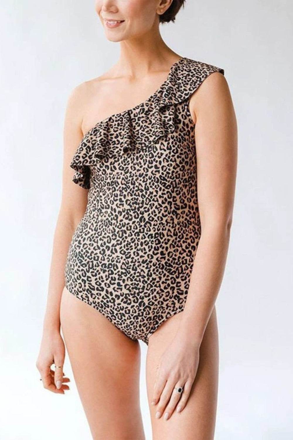 Full Size Ruffled Leopard Single Shoulder One-Piece Swimwear - Selvanelle