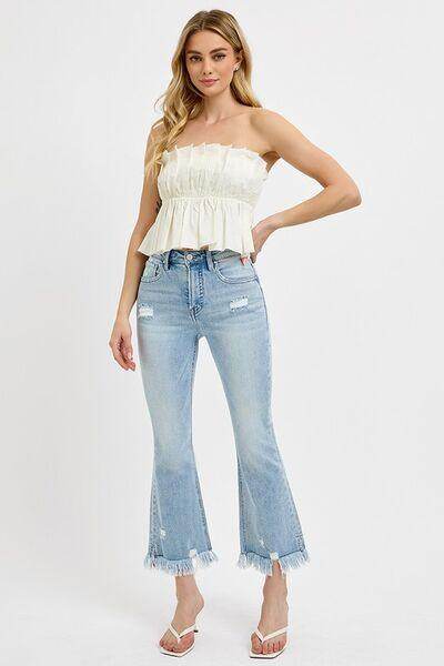 RISEN Full Size Raw Hem Distressed Cropped Flare Jeans Plus Size - Selvanelle