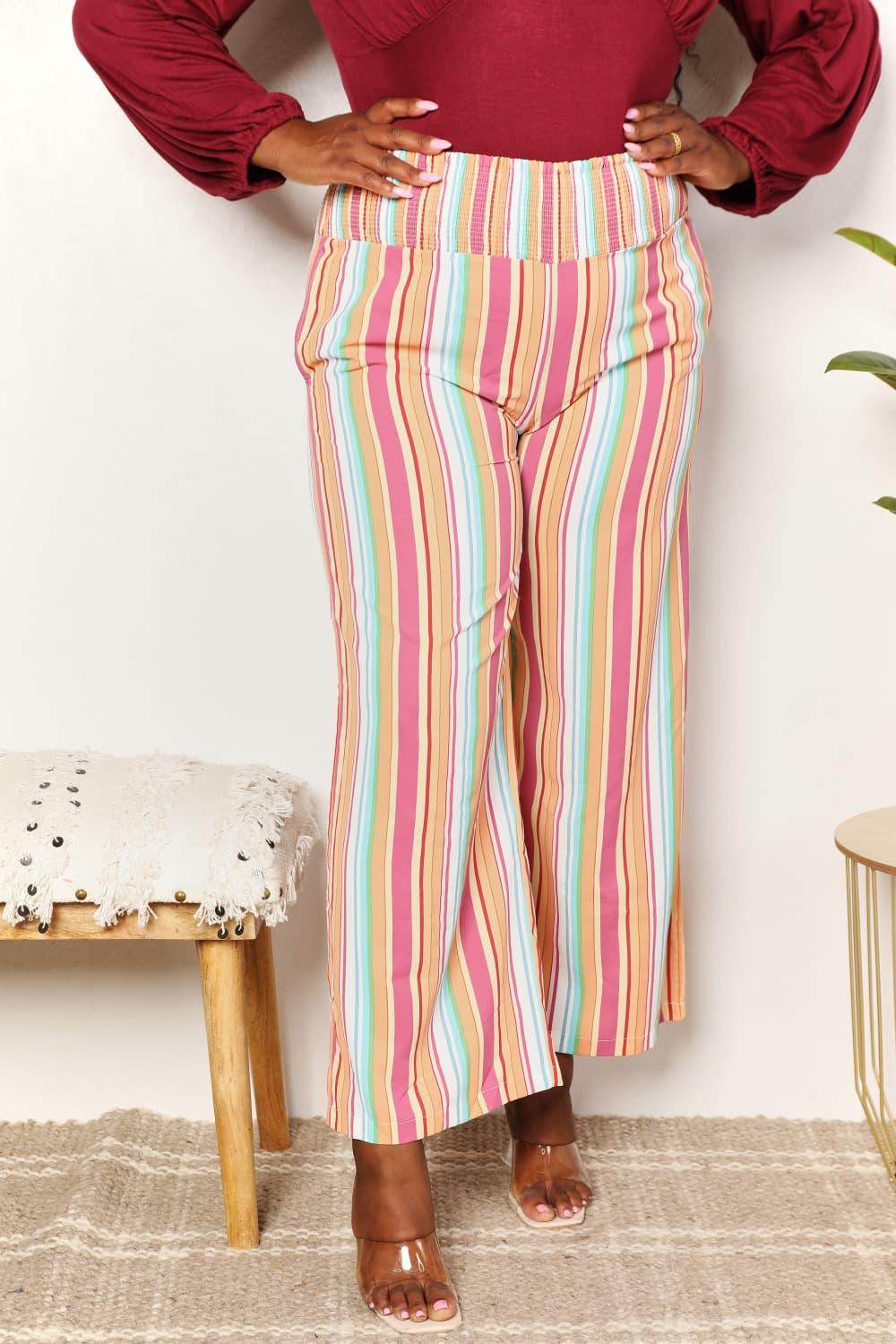 Double Take Striped Smocked Waist Pants with Pockets Stylish - Selvanelle