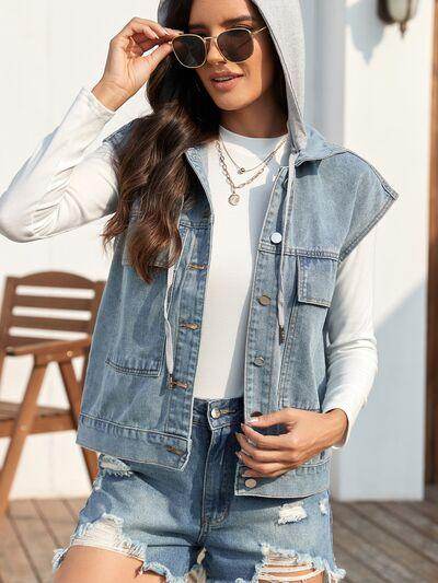 Drawstring Button Up Sleeveless Denim Jacket for Women - Selvanelle