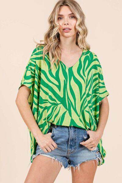 Mittoshop Zebra Print V-Neck Short Sleeve Oversized Top - Selvanelle