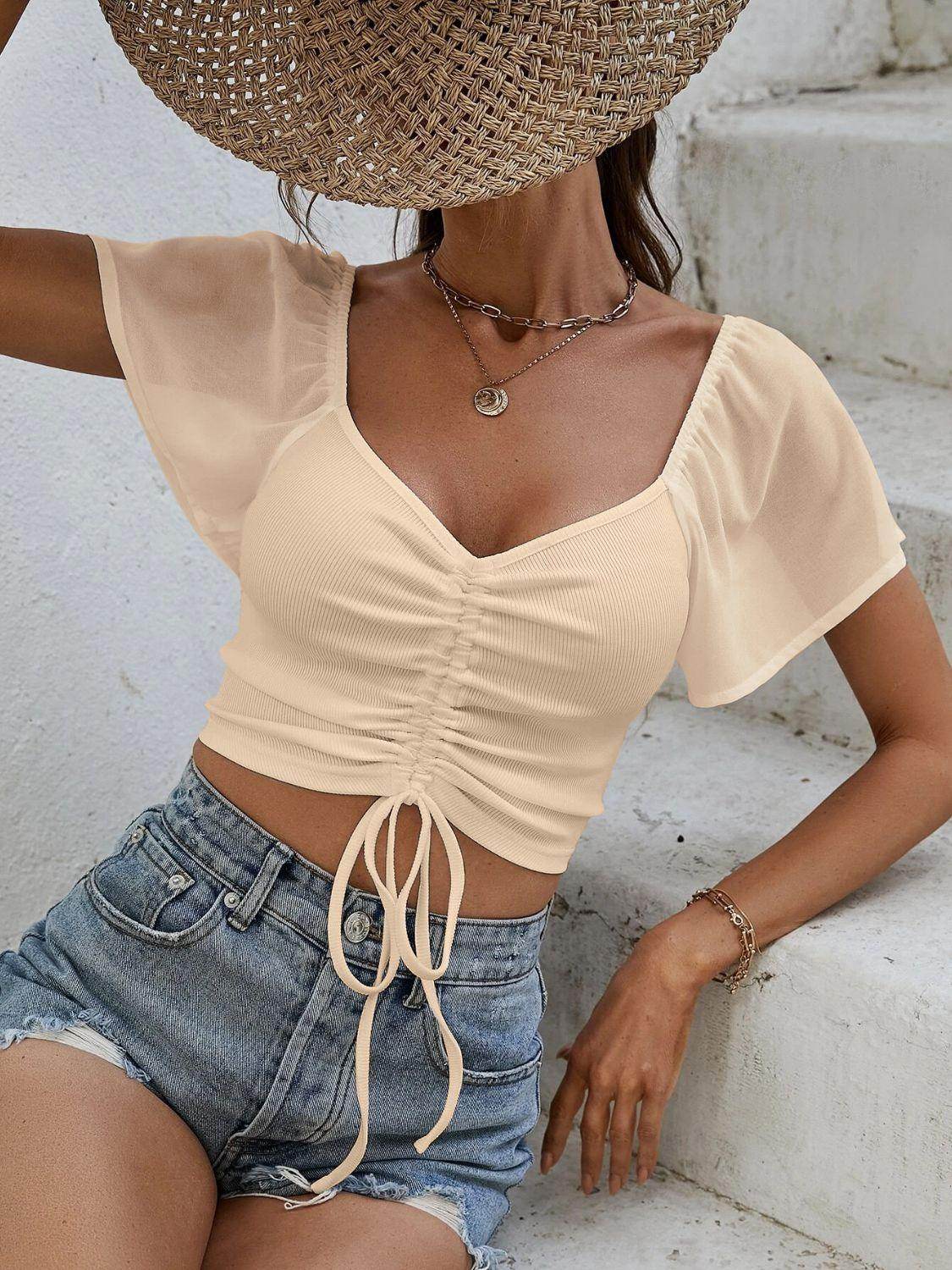 Drawstring Short Sleeve Crop Top for Stylish Summer Wear - Selvanelle