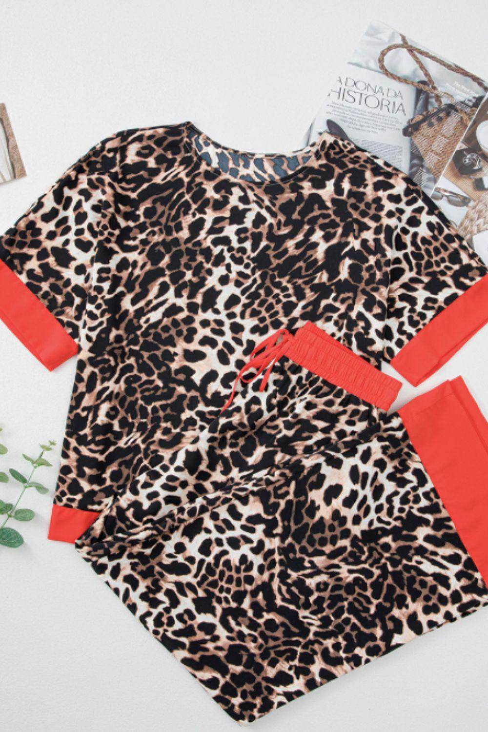 Contrast Trim Leopard Round Neck Top and Pants Lounge Set - Selvanelle