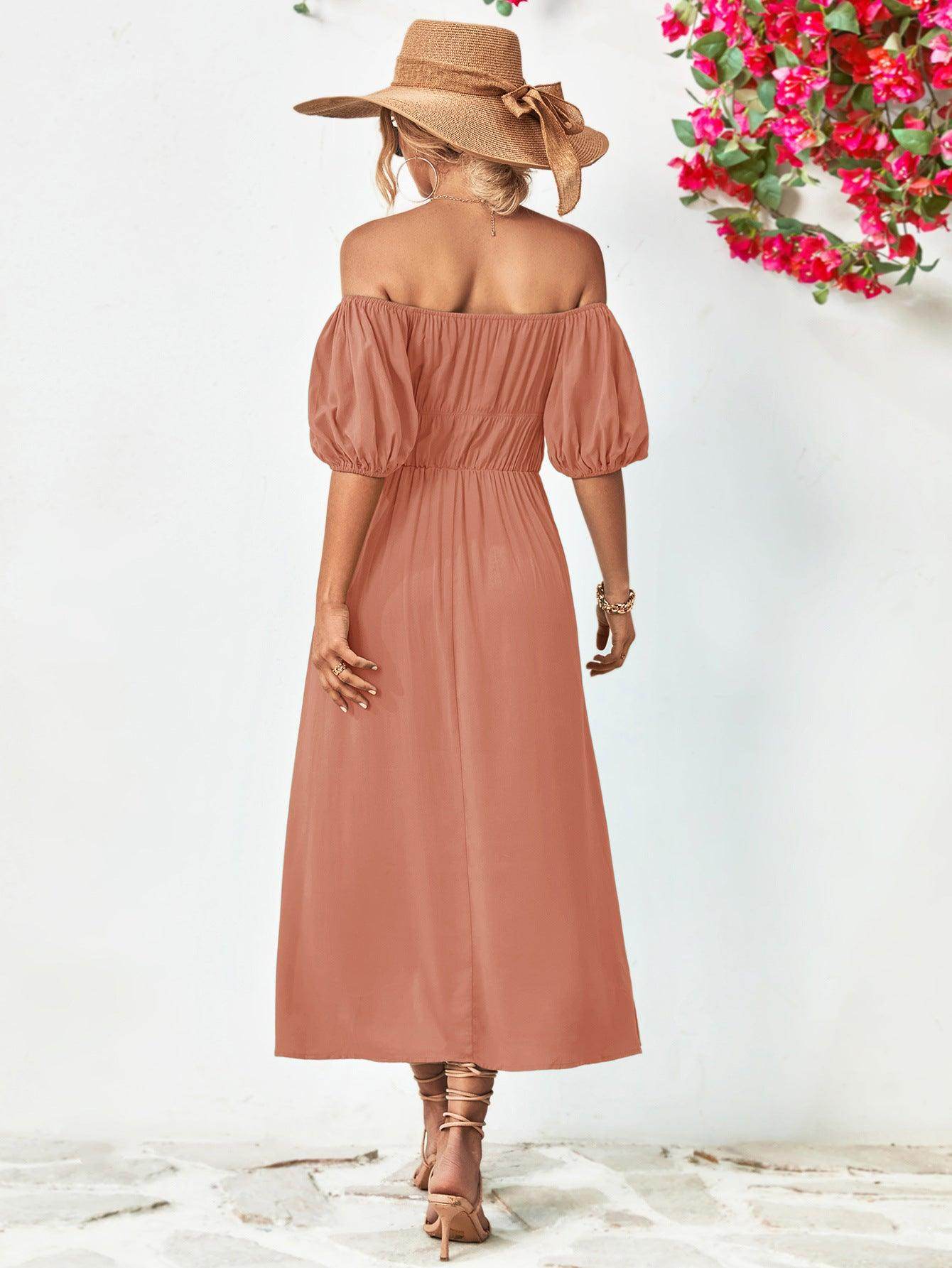 Off-Shoulder Balloon Sleeve Midi Dress for Chic Style - Selvanelle