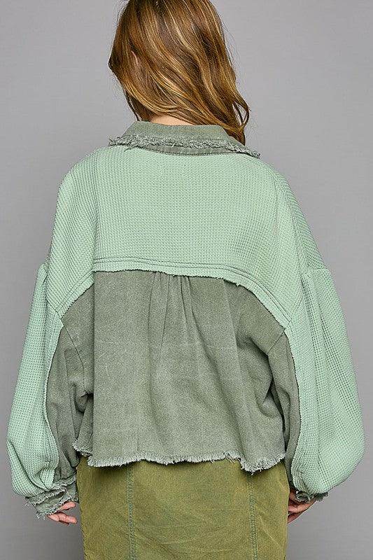 POL Waffle Knit Raw Hem Contrast Button Up Jacket for Women - Selvanelle