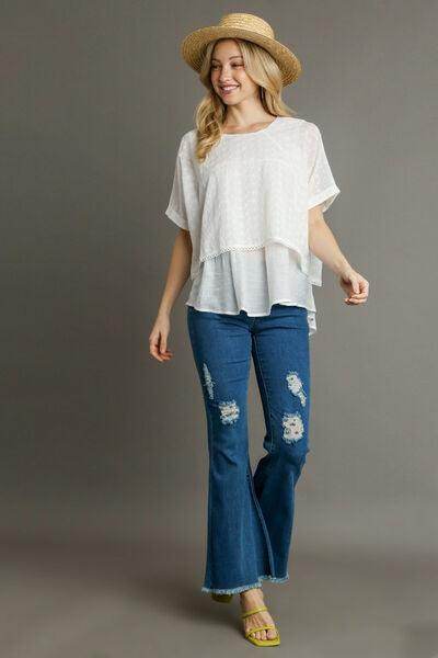 Umgee Full Size Eyelet Layered Short Sleeve Blouse Plus Size - Selvanelle