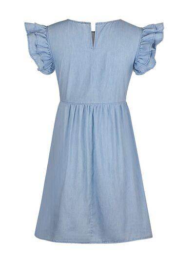 Full Size Ruffled Round Neck Cap Sleeve Denim Dress for Women - Selvanelle