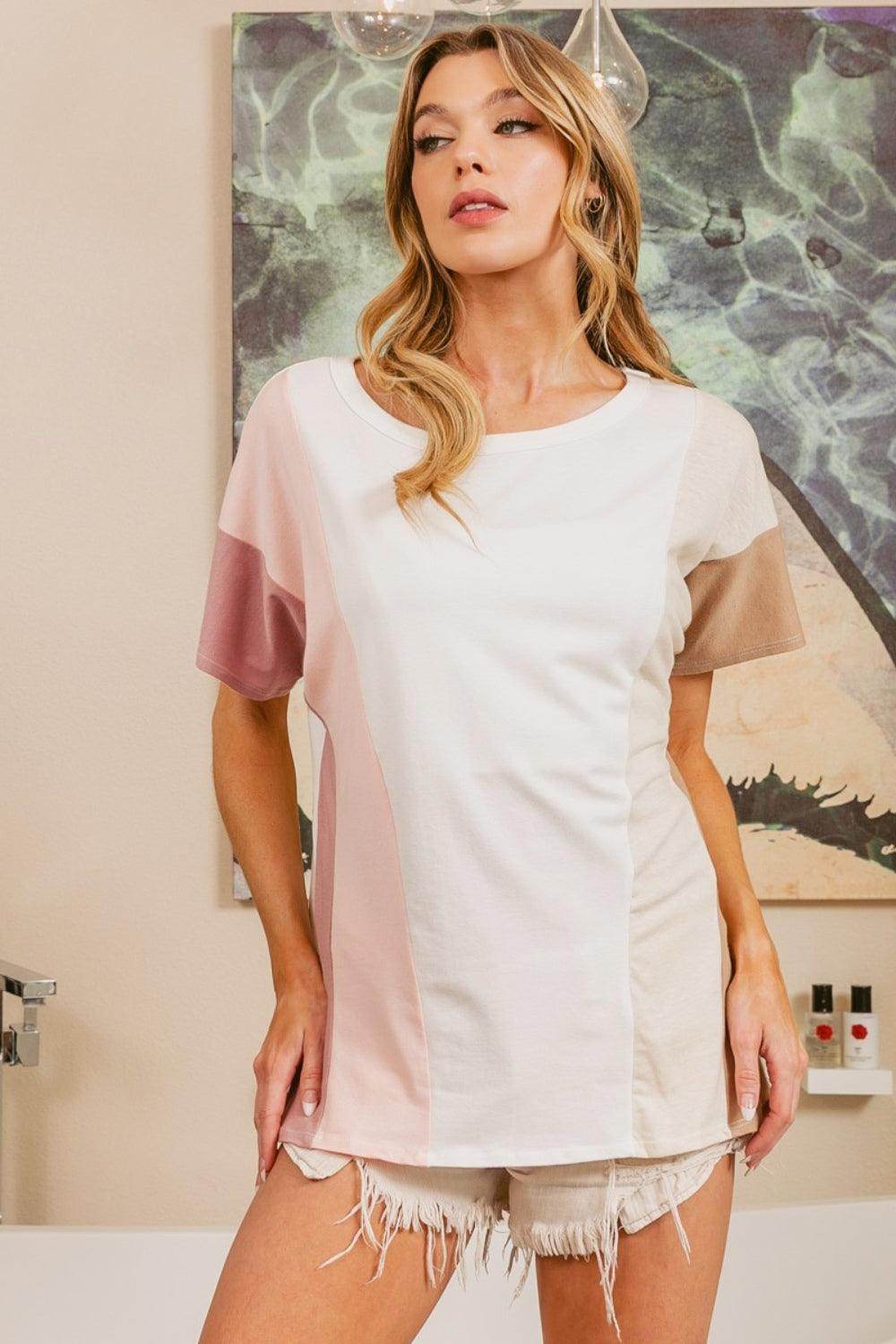 BiBi Color Block Short Sleeve T-Shirt for Stylish Comfort - Selvanelle