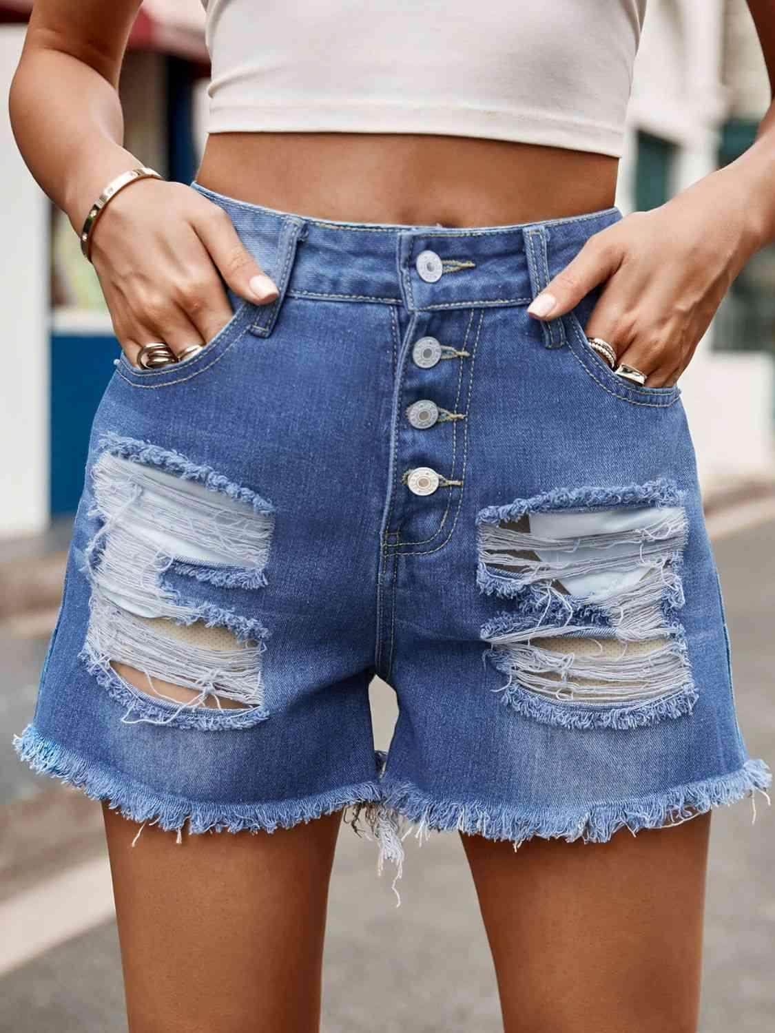 Raw Hem Denim Shorts with Pockets for Casual Style - Selvanelle