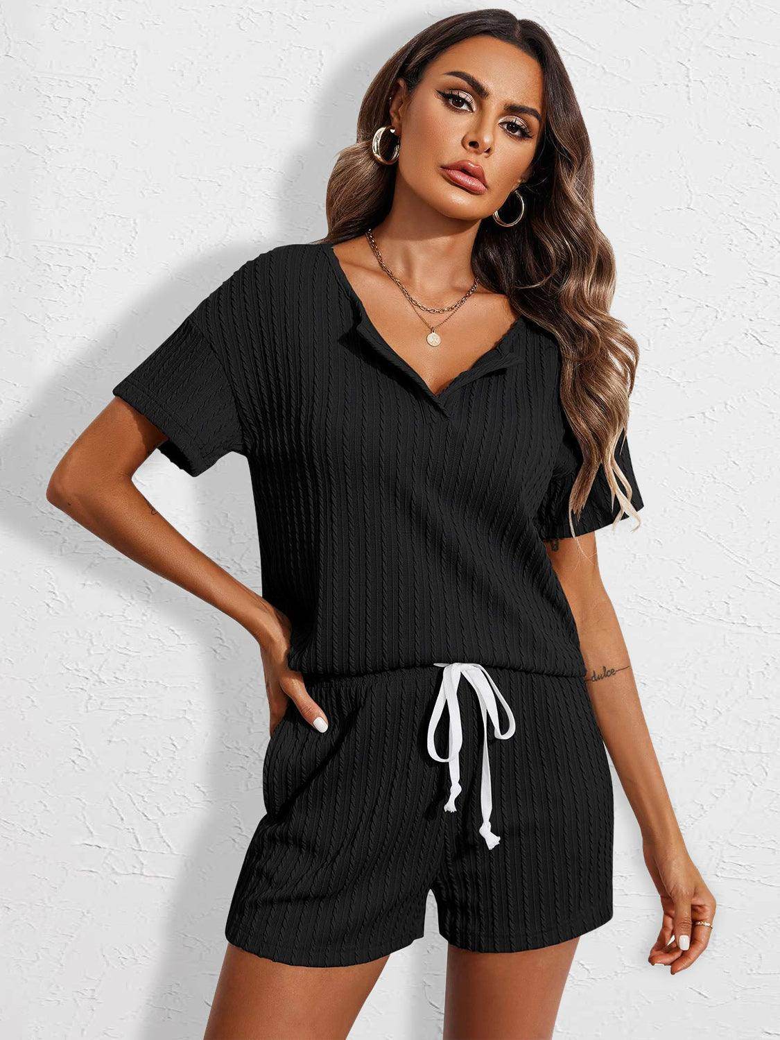 Notched Short Sleeve Top and Shorts Set for Women - Selvanelle