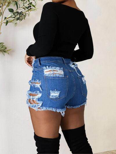 Distressed Raw Hem Denim Shorts with Pockets for Women - Selvanelle