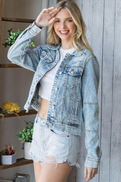 Veveret Distressed Button Up Denim Jacket for Women Fashion - Selvanelle