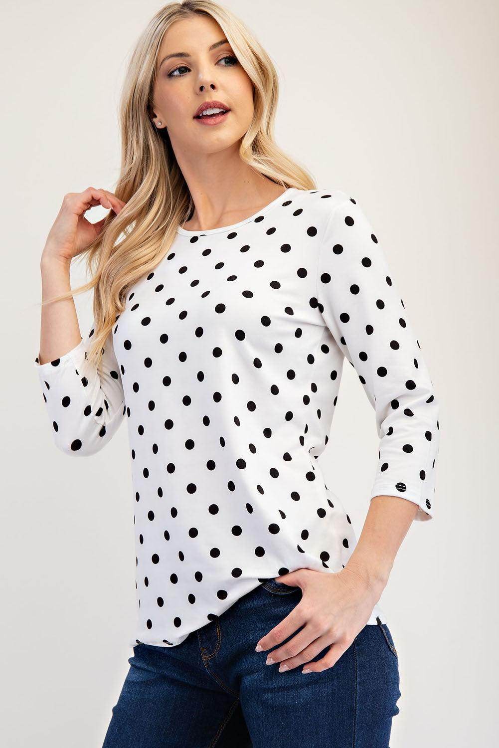 Celeste Full Size Polka Dot Three-Quarter Sleeve T-Shirt - Selvanelle