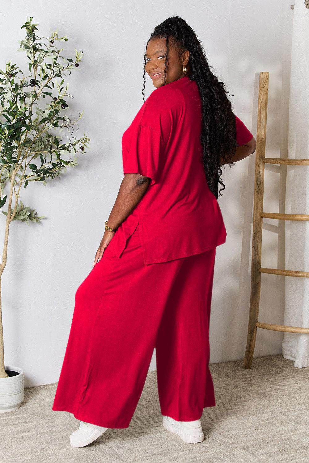 Double Take Full Size Round Neck Slit Top and Pants Set - Selvanelle