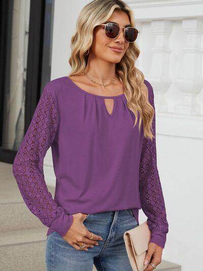 Cutout Round Neck Long Sleeve T-Shirt with Lace Detail - Selvanelle