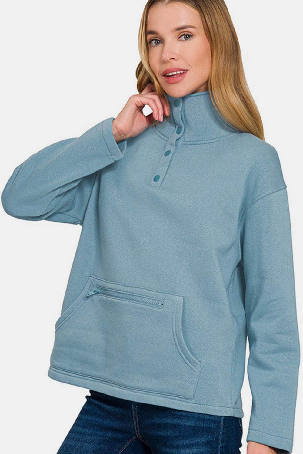 Zenana Turtleneck Half Snap Fleece Sweatshirt for Women - Selvanelle