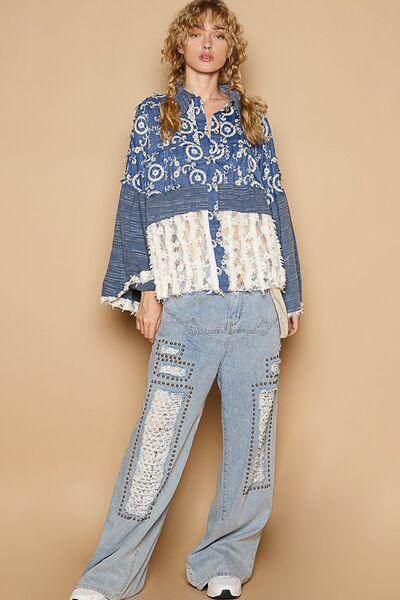 POL Lace Hem Embroidered Long Sleeve Shirt for Women - Selvanelle